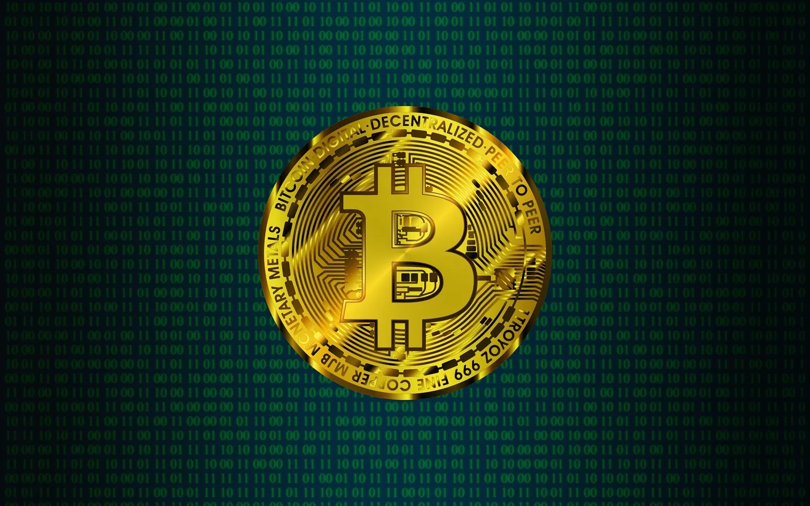 Bitcoin coin over green binary code, illustrating algorithmic and copy trading on Bitget