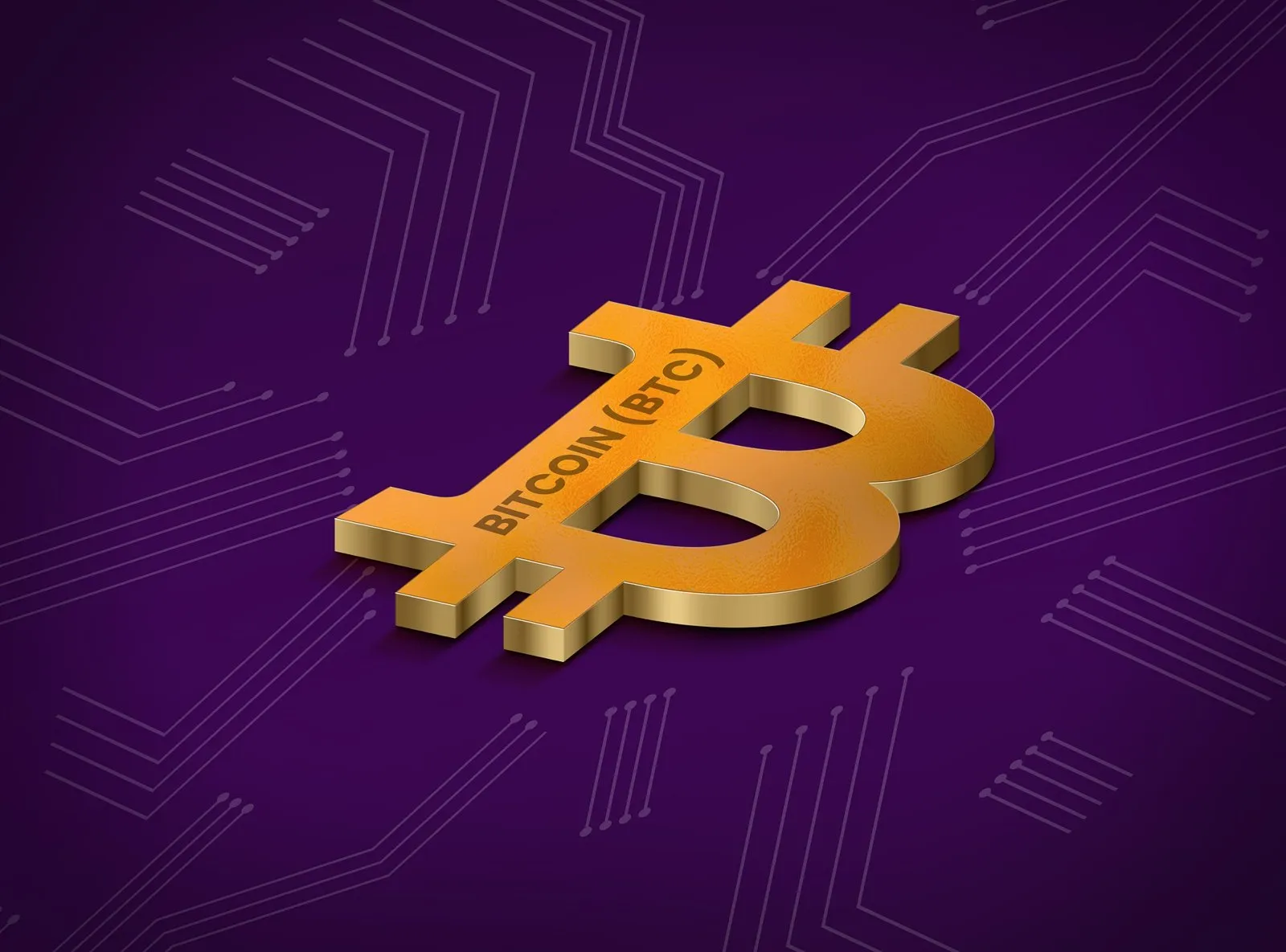 Symbole Bitcoin doré en 3D sur fond violet