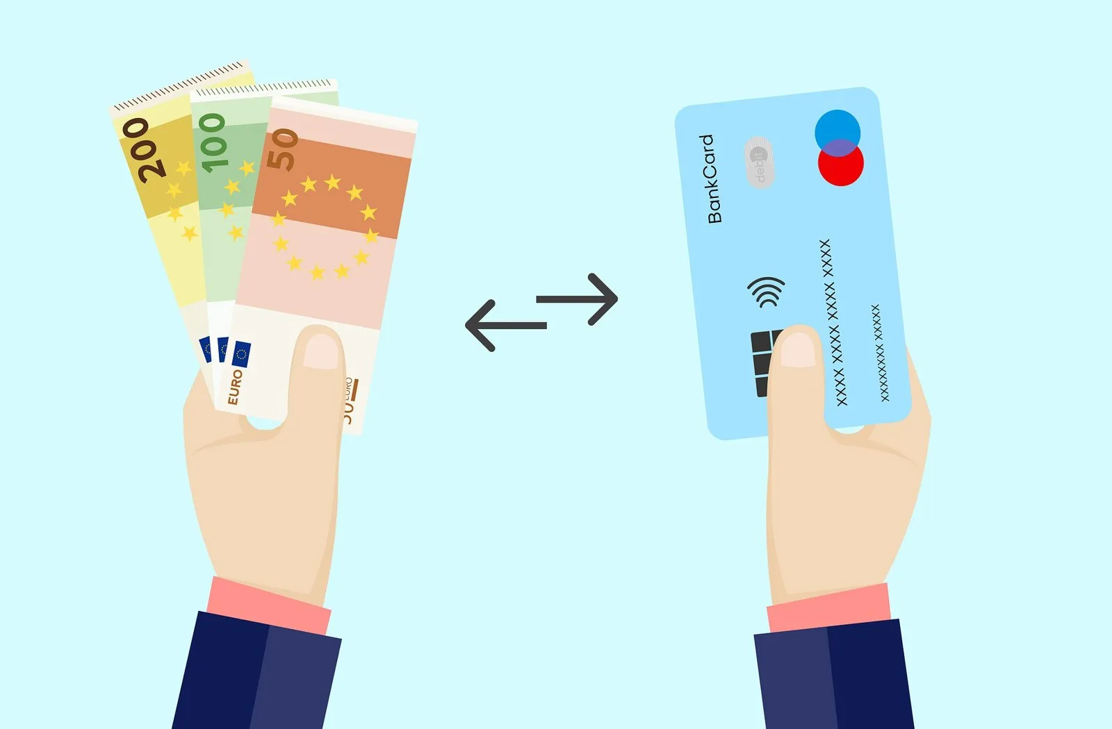 Hands swapping euro banknotes for a bank card, symbolising cash-to-crypto exchange