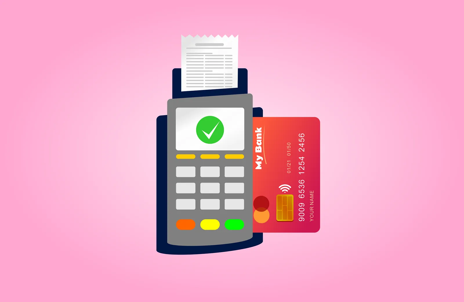 Terminal de paiement illustré affichant une transaction approuvée, symbole d'un achat d'altcoins sur KuCoin